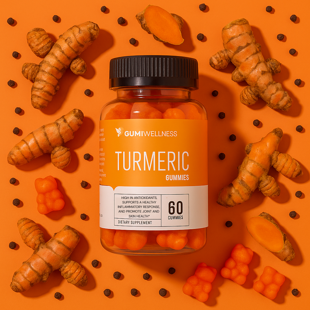 Jar of GumiWellness Turmeric Gummies surrounded by turmeric roots on an orange background