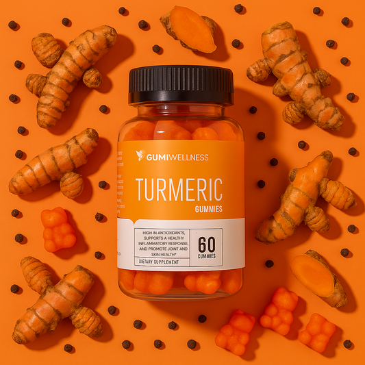 Jar of GumiWellness Turmeric Gummies surrounded by turmeric roots on an orange background