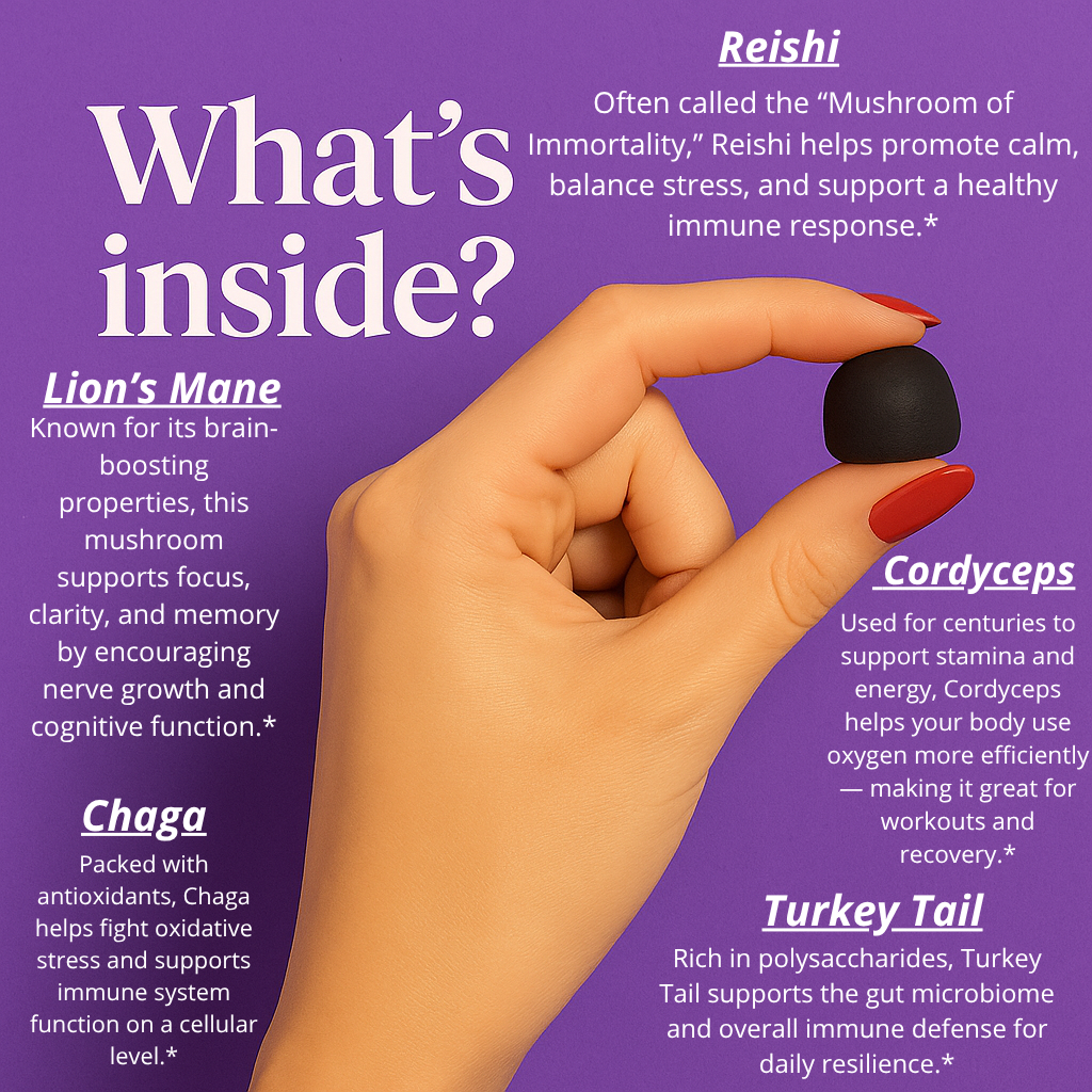 Hand holding a mushroom with text about its health benefits on a purple background