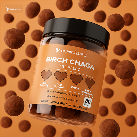 Gumi Wellness Birch Chaga Truffles supplement jar on a background with truffle shapes