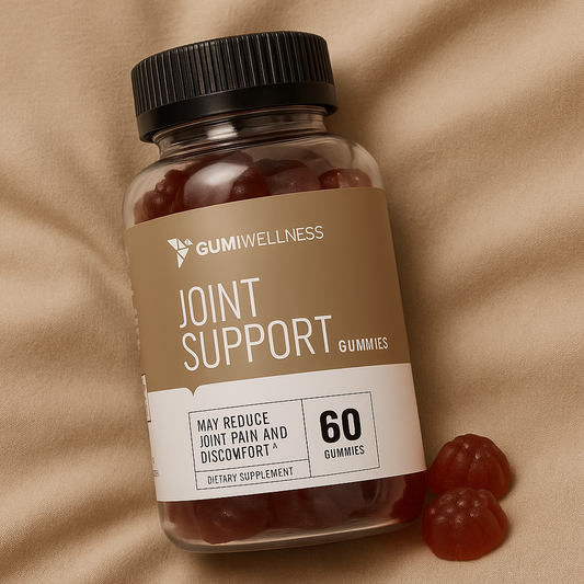 Bottle of Gumiwellness Joint Support Gummies on a beige background