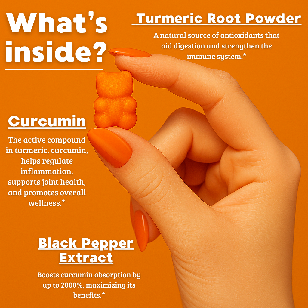 Turmeric root powder packaging with a hand holding it against an orange background