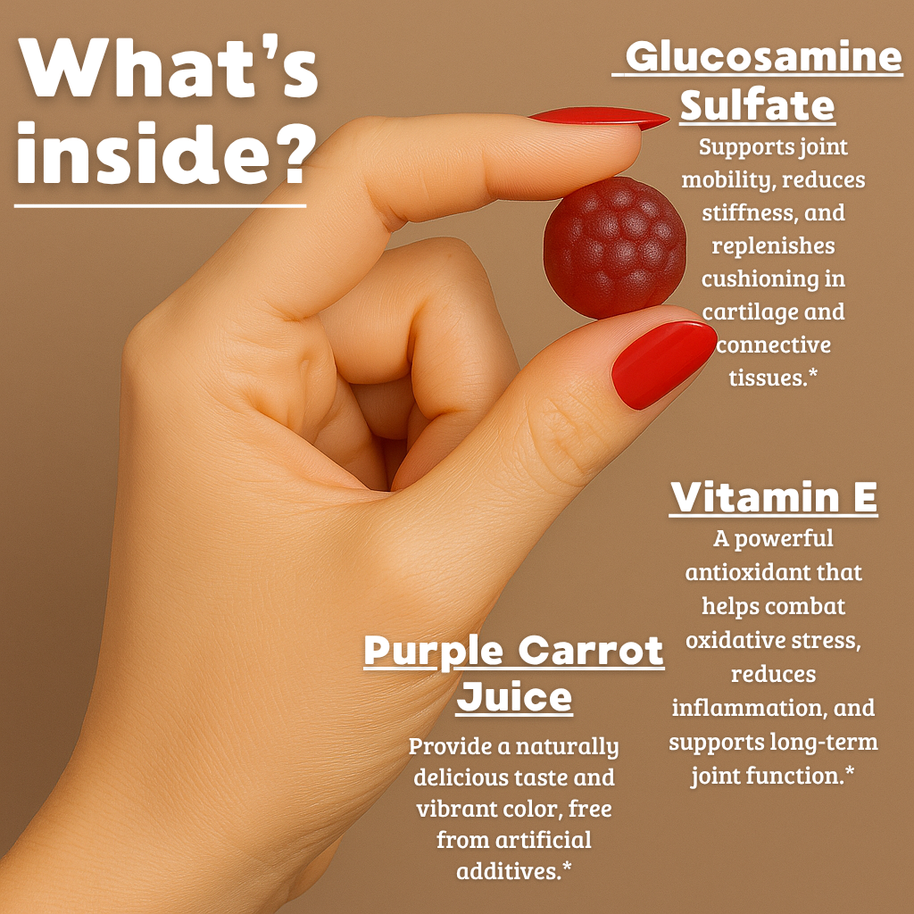 Hand holding a supplement with text about its ingredients on a brown background
