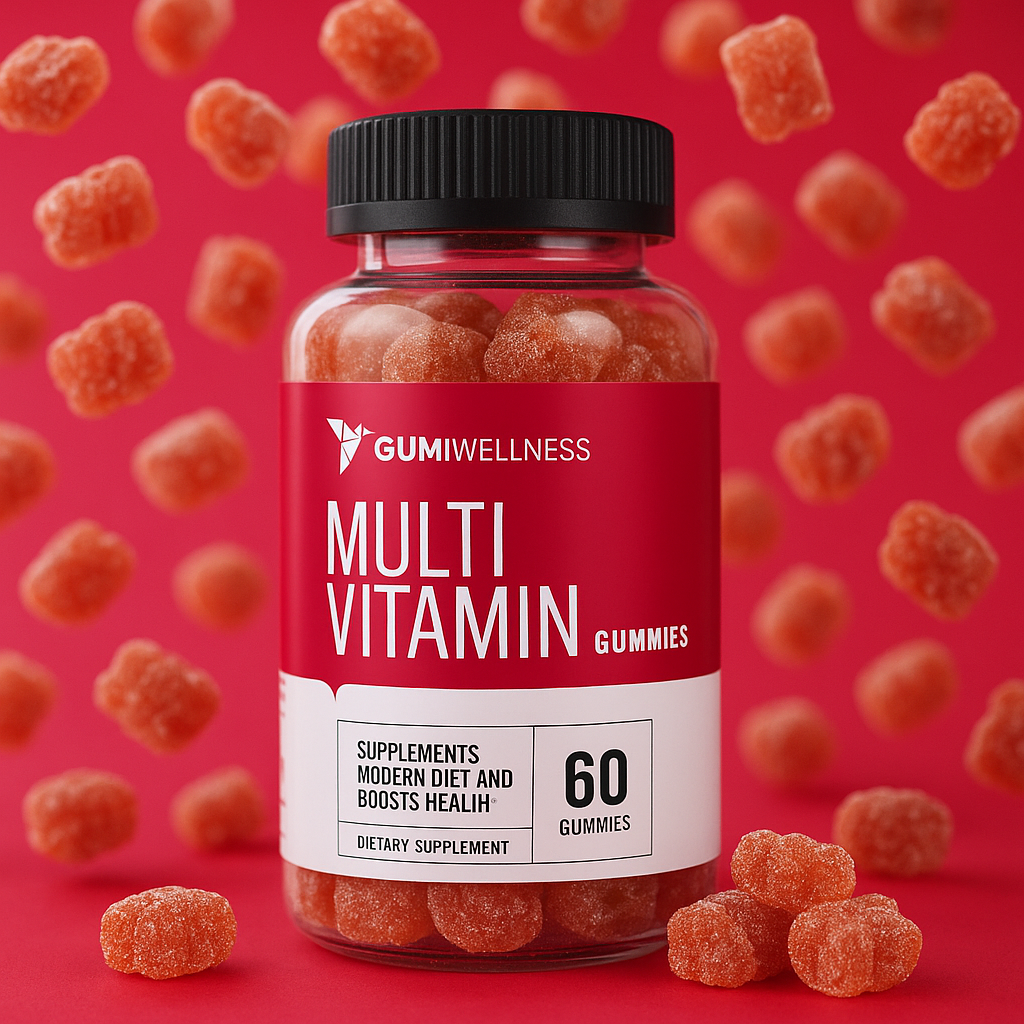 Bottle of Gumiwellness Multi Vitamin Gummies on a red background with gummy bears.