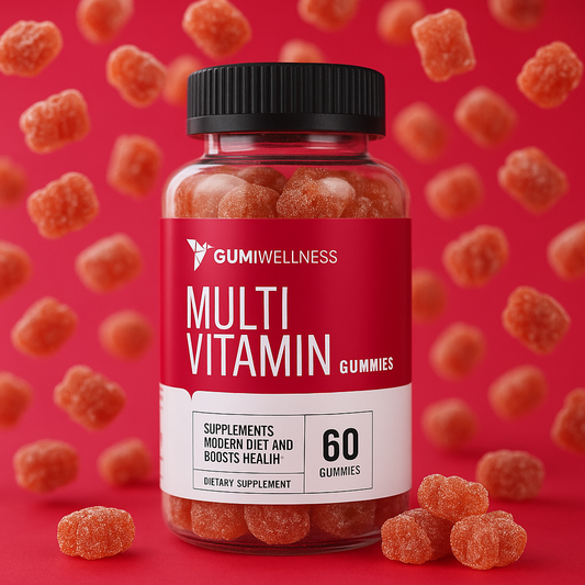 Bottle of Gumiwellness Multi Vitamin Gummies on a red background with gummy bears.
