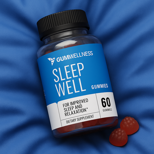 Bottle of Gumwellness Sleep Well Gummies on a blue fabric background